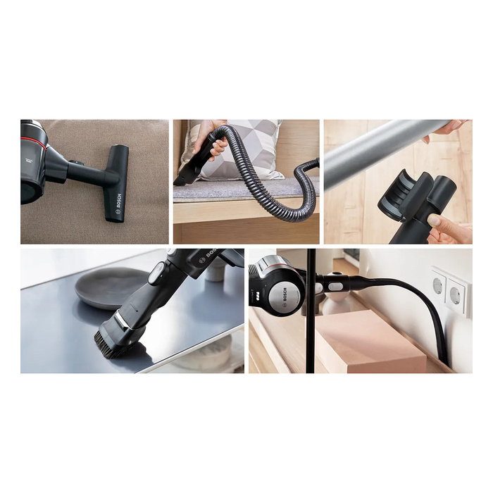 Bosch BSS715FRSH - Aspiradora escoba 2 en 1 sin bolsa, color negro y plata, 0.3L, para seco, batería 18V 5Ah extraíble, carga rápida, con cepillo para alfombra y suelo