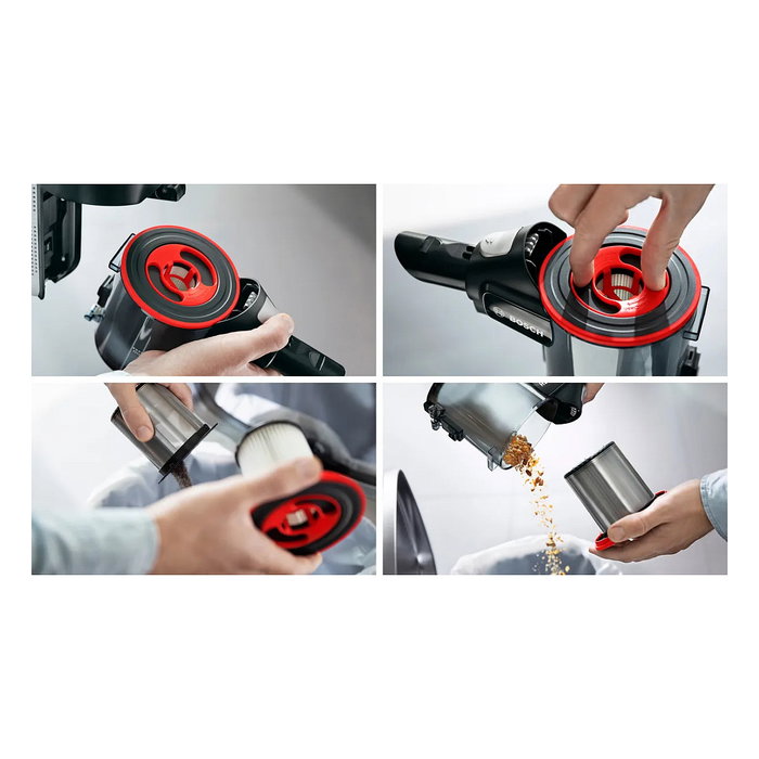 Bosch BSS715FRSH - Aspiradora escoba 2 en 1 sin bolsa, color negro y plata, 0.3L, para seco, batería 18V 5Ah extraíble, carga rápida, con cepillo para alfombra y suelo