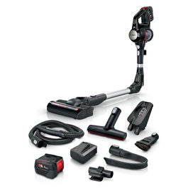 Bosch BSS715FRSH - Aspiradora escoba 2 en 1 sin bolsa, color negro y plata, 0.3L, para seco, batería 18V 5Ah extraíble, carga rápida, con cepillo para alfombra y suelo