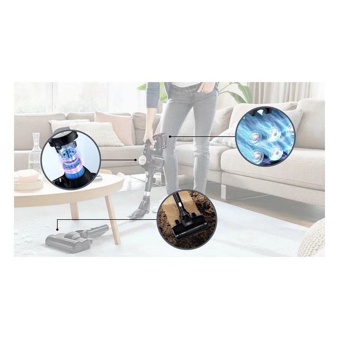 Bosch BSS715FRSH - Aspiradora escoba 2 en 1 sin bolsa, color negro y plata, 0.3L, para seco, batería 18V 5Ah extraíble, carga rápida, con cepillo para alfombra y suelo