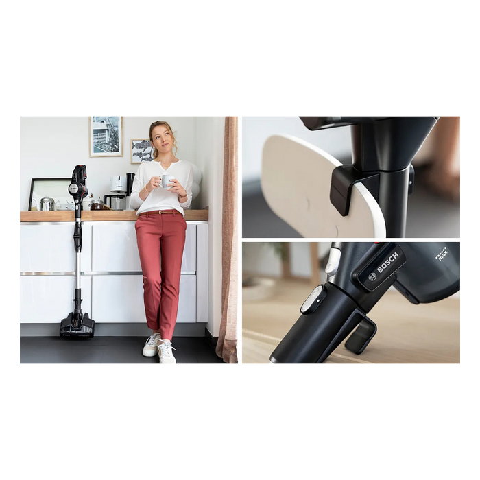 Bosch BSS715FRSH - Aspiradora escoba 2 en 1 sin bolsa, color negro y plata, 0.3L, para seco, batería 18V 5Ah extraíble, carga rápida, con cepillo para alfombra y suelo