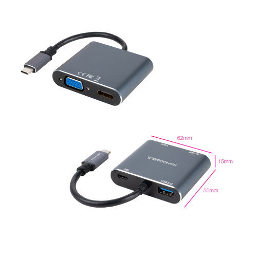 Nanocable Conversor USB-C a HDMI/VGA/USB 3.0/PD 15 cm, Gris