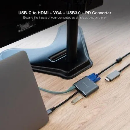 Nano Cable 10.16.4304 Conversor USB-C Macho a HDMI 4K Hembra, VGA Hembra, USB-C PD Hembra, USB Hembra, 15cm, Gris