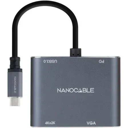 Nano Cable 10.16.4304 Conversor USB-C Macho a HDMI 4K Hembra, VGA Hembra, USB-C PD Hembra, USB Hembra, 15cm, Gris