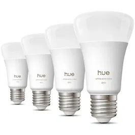 Philips Hue Pack de 4 Bombillas LED A60 Conectadas, Luz Blanca y de Colores, E27 6W 810 Lúmenes, Blanco Cálido/Frio 1000-2000K, AABUO37027