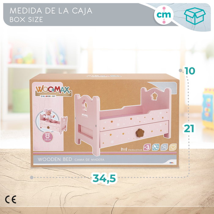 WOOMAX Cama de madera para muñecas con estampado de estrellitas rosa