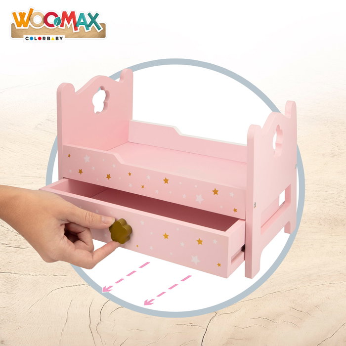 WOOMAX Cama de madera para muñecas con estampado de estrellitas rosa