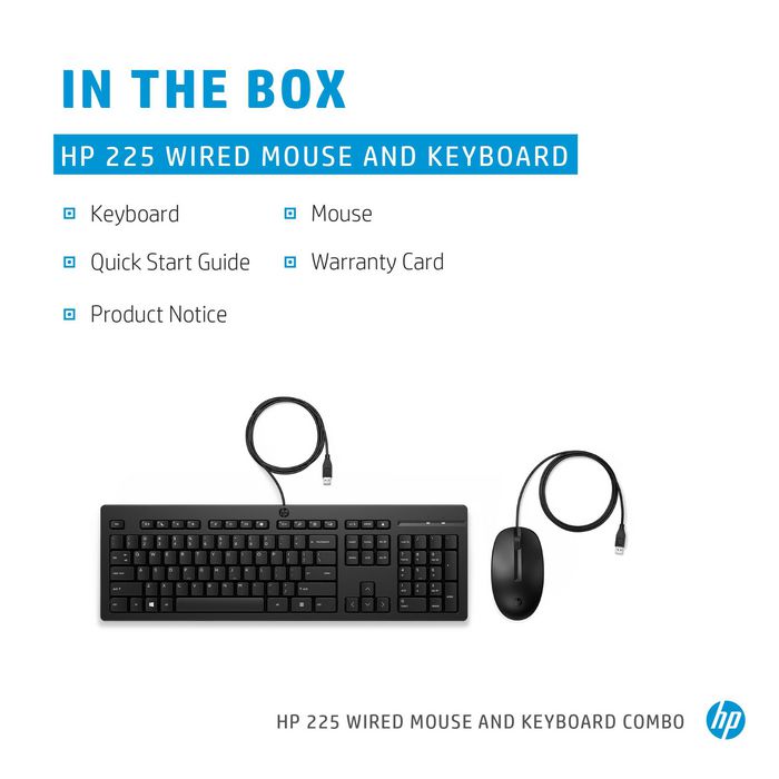 HP 225 Combo Teclado y Ratón Cableado para Productividad y Oficina