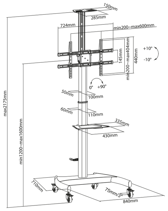 AISENS Soporte de Suelo ECO con Ruedas y Manivela para TV/Monitor 37-70 Pulgadas 50kg Negro