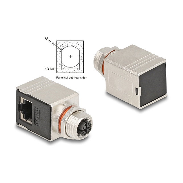 DeLOCK Adaptador M12 X Código 8 Pin Hembra a RJ45 Hembra Cat.6A STP Blindado 90 Grados, Negro Metálico