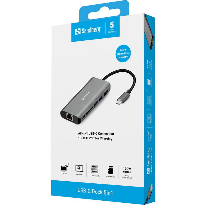 Sandberg 136-18 Dockingstation USB-C Dock HDMI+LAN+SD+USB 100W Gris