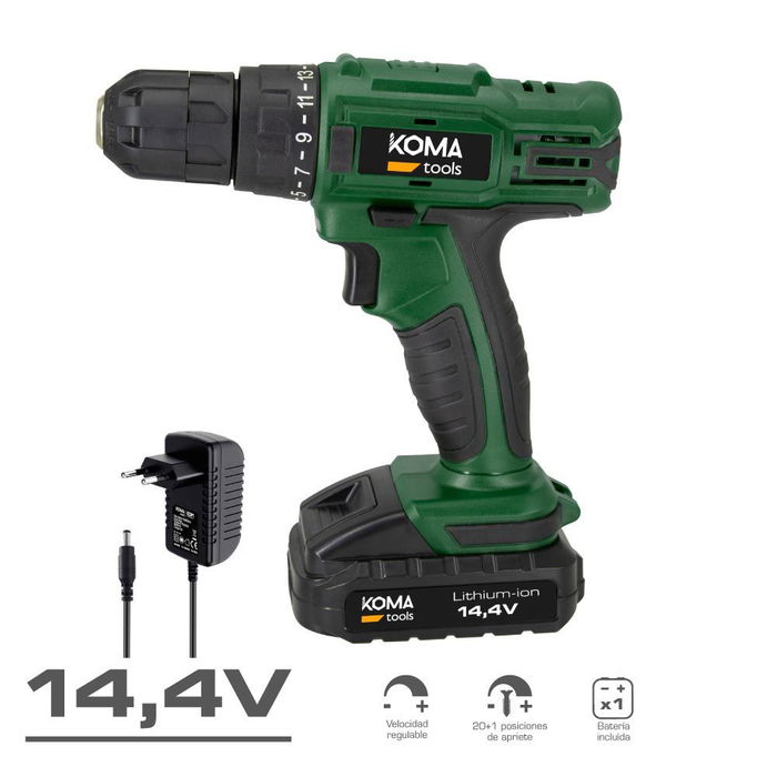 Koma Tools Kit Taladro Atornillador a Batería 14.4V, 18 Nm, 0-700 RPM, Luz LED, Portabrocas Automático 10 mm, Modelo 14v-ta-k, con Maletín, Batería 1500 mAh y Cargador