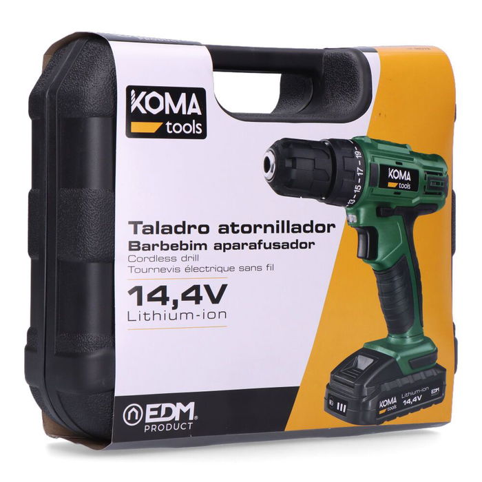 Koma Tools Kit Taladro Atornillador a Batería 14.4V, 18 Nm, 0-700 RPM, Luz LED, Portabrocas Automático 10 mm, Modelo 14v-ta-k, con Maletín, Batería 1500 mAh y Cargador