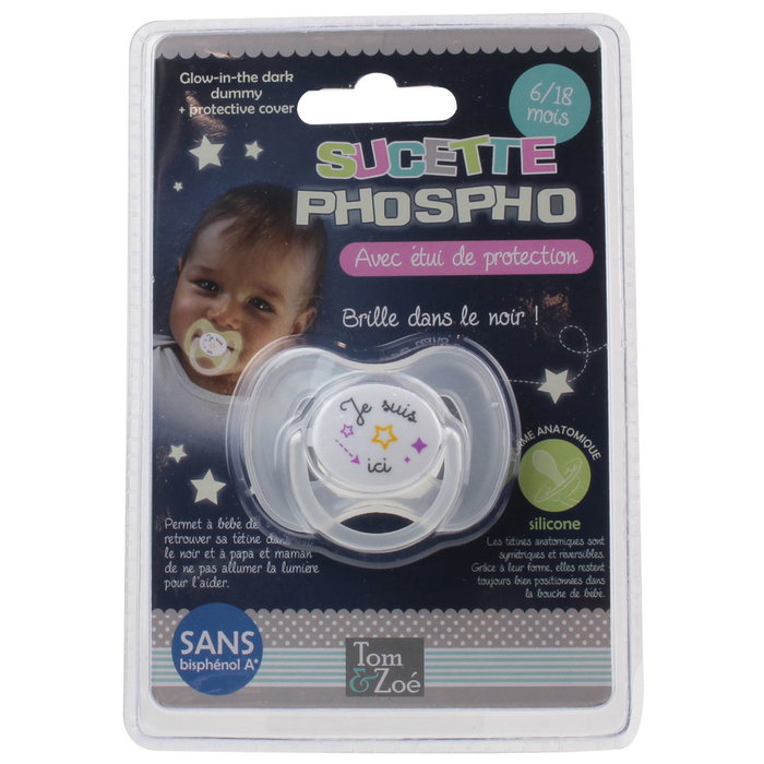 Tom et Zoe Chupete Fosforescente con Protector Higiénico Reversible de Silicona para Bebés de 6 a 18 Meses Libre de BPA