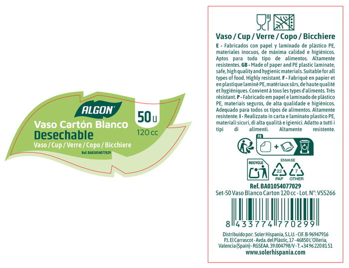 Inde Set 50 Vasos Blancos Cartón 120cc (18 Unidades)