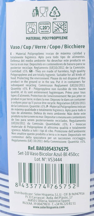 Algon Set de 10 Vasos Bicolor Azul y Blanco, 450 cc, 9.5 x 12 cm (18 Unidades)
