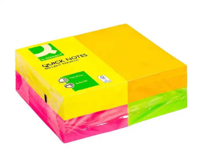 Q-connect Bloc de notas adhesivas quita y pon 127x76 mm FSC 100 hojas fluorescentes pack de 12 - surtidas en 4 colores
