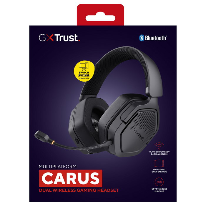 Trust GXT493 Carus Auriculares Gaming Inalámbricos y Alámbricos con Micrófono Boom, Bluetooth 2.4 GHz, USB-C, Batería 20h, Frecuencia 20-20000 Hz, Negro