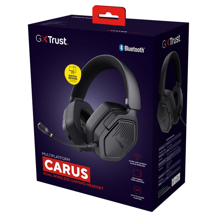 Trust GXT493 Carus Auriculares Gaming Inalámbricos y Alámbricos con Micrófono Boom, Bluetooth 2.4 GHz, USB-C, Batería 20h, Frecuencia 20-20000 Hz, Negro