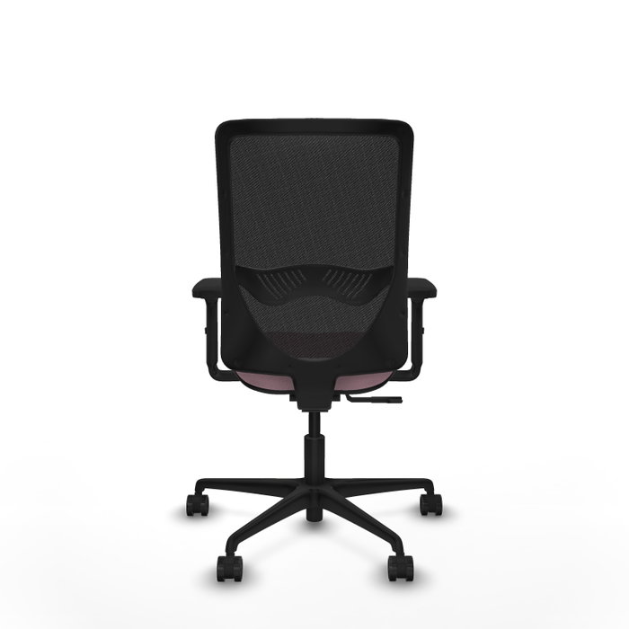 Silla de oficina Zulema con mecanismo Sincro tapizada con Tela color Rosa y malla color Negro. Equipada con lumbar 1D, Brazos 2D y Ruedas 65mm nailon