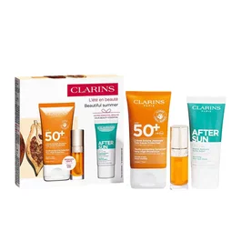 Clarins Beautiful Summer Gift Set con Crema Solar SPF50, Bálsamo After Sun y Lip Oil