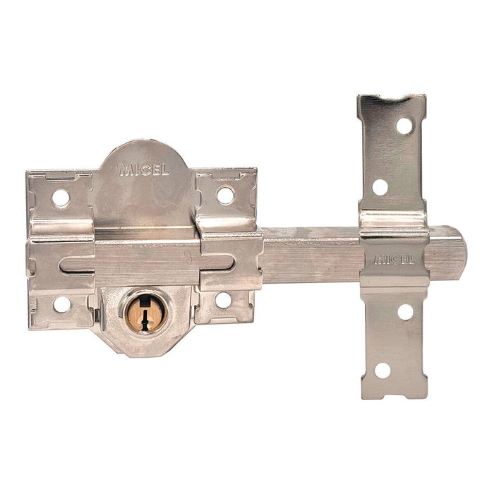 Micel Cerrojo de seguridad sobreponer CRR09 de acero con acabado níquel, 86x70 mm Micel Cerrojo de seguridad sobreponer CRR09 de acero con acabado níquel, 86x70 mm