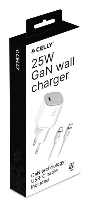 Celly Cargador GaN 25W con Cable USB-C a USB-C - 1 Puerto para Smartphone/Tableta - Blanco