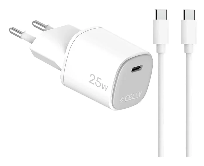 Celly Cargador GaN 25W con Cable USB-C a USB-C - 1 Puerto para Smartphone/Tableta - Blanco