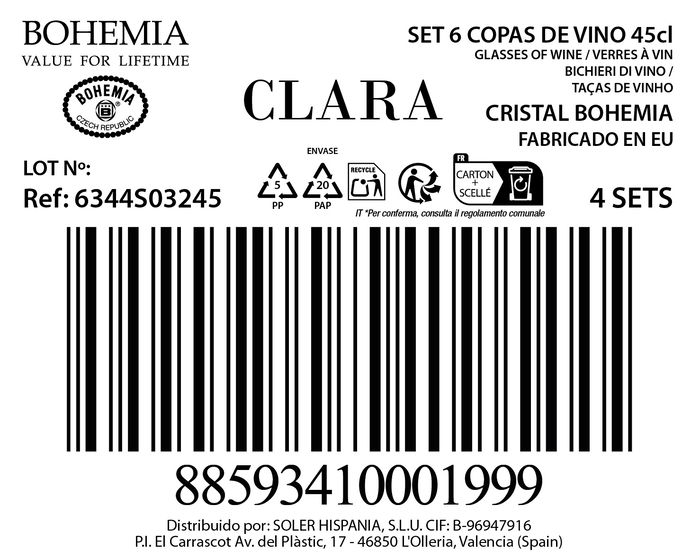 Bohemia Set 6 Copas de Vino Clara 450cc (4 Cajas)