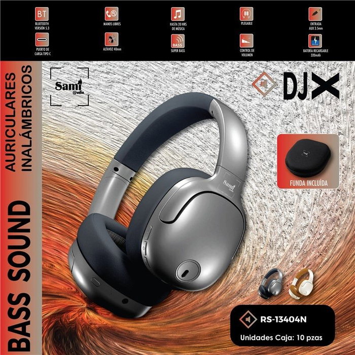 SAMI Auriculares DJX RS13404GR Bluetooth Plegables con Cable Auxiliar y Funda, Color Gris/Negro