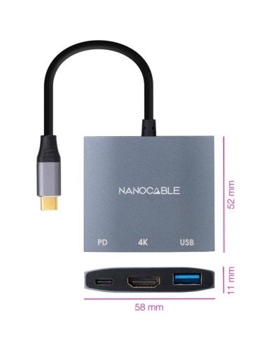 Nanocable Conversor USB-C a HDMI 4K, USB 3.0 y USB-C PD, Gris Nanocable Conversor USB-C a HDMI 4K, USB 3.0 y USB-C PD, Gris
