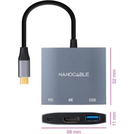 Nano Cable 10.16.4306 Conversor USB-C Macho a HDMI Hembra, USB 3.0 Hembra, USB-C PD Hembra 60W, 4K, Gris, 15cm