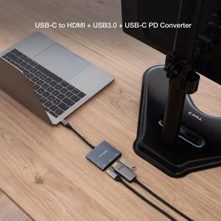 Nano Cable 10.16.4306 Conversor USB-C Macho a HDMI Hembra, USB 3.0 Hembra, USB-C PD Hembra 60W, 4K, Gris, 15cm