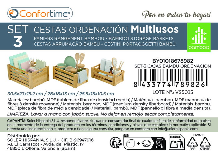 Inde Set 3 Cajas Bambú Organización 30.5x23x15.2 cm y 28x18 cm (6 Unidades)