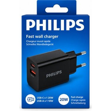 PHILIPS Cargador de móvil USB C + USB A Carga rápida