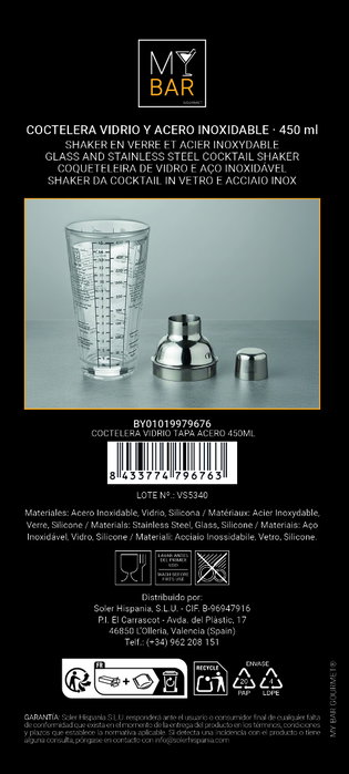Inde My Bar Coctelera de Vidrio con Tapa de Acero 450 ml 19 cm (12 Unidades)