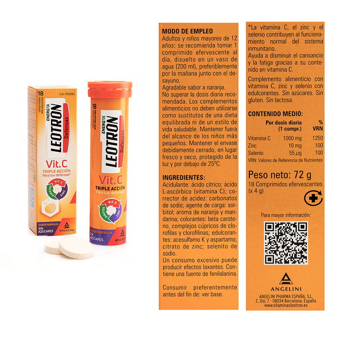 Leotron 18 Comprimidos Efervescentes Vitamina C Triple Acción Complemento Alimenticio Zinc Selenio Sabor Naranja