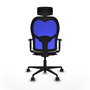 Silla de oficina Jorquera con mecanismo Sincro tapizada con Tela color Blanco y malla color Azul. Equipada con lumbar 1D, Brazos 1D, Cabecero 2D y Ruedas 65mm nailon