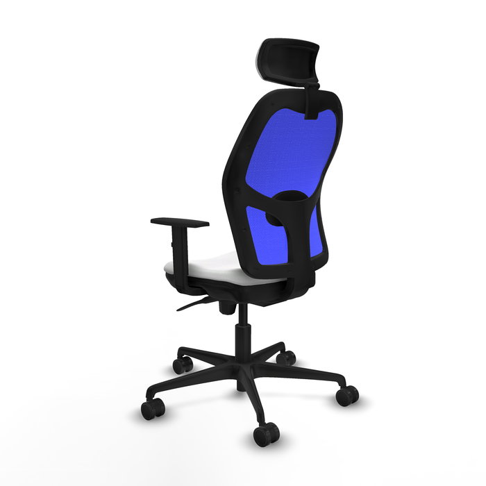 Silla de oficina Jorquera con mecanismo Sincro tapizada con Tela color Blanco y malla color Azul. Equipada con lumbar 1D, Brazos 1D, Cabecero 2D y Ruedas 65mm nailon