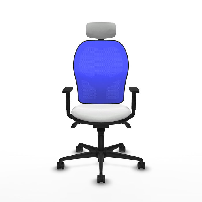Silla de oficina Jorquera con mecanismo Sincro tapizada con Tela color Blanco y malla color Azul. Equipada con lumbar 1D, Brazos 1D, Cabecero 2D y Ruedas 65mm nailon