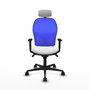 Silla de oficina Jorquera con mecanismo Sincro tapizada con Tela color Blanco y malla color Azul. Equipada con lumbar 1D, Brazos 1D, Cabecero 2D y Ruedas 65mm nailon