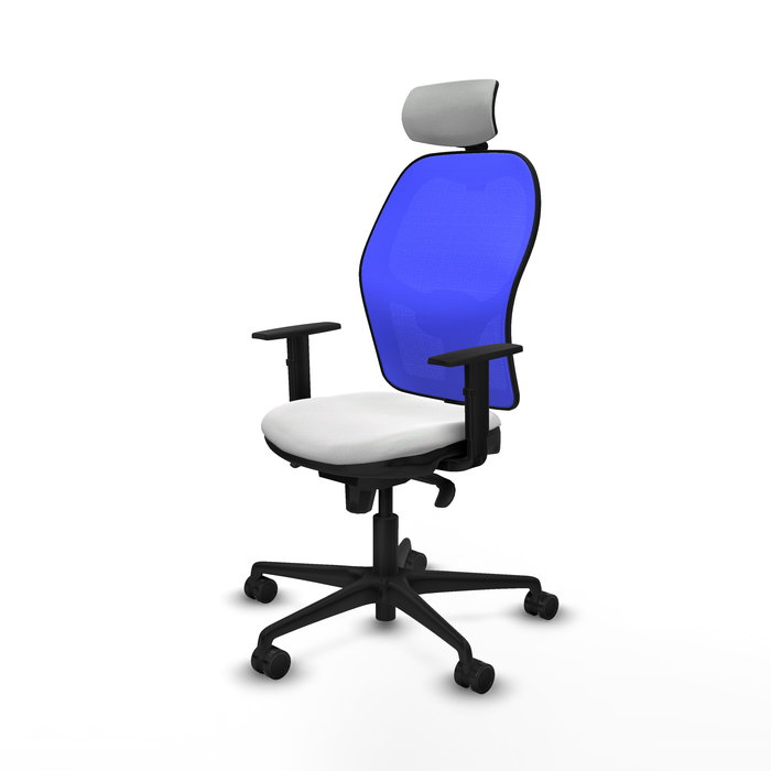 Silla de oficina Jorquera con mecanismo Sincro tapizada con Tela color Blanco y malla color Azul. Equipada con lumbar 1D, Brazos 1D, Cabecero 2D y Ruedas 65mm nailon