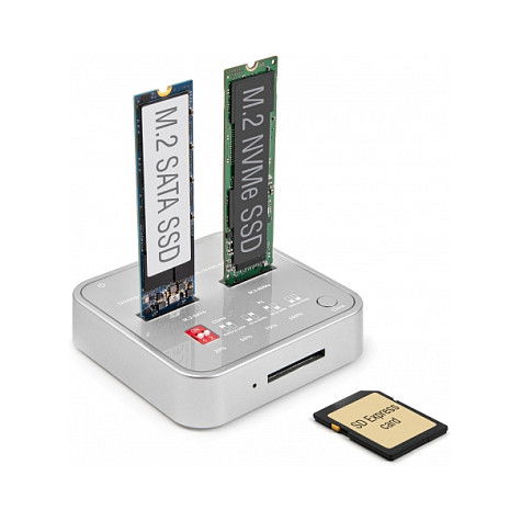 DeLOCK Docking Station SSD USB 3.2 para 2 M.2 NVMe SATA con Lector SD Express 7.1 y Función Clonación - Estación de Acoplamiento Plata