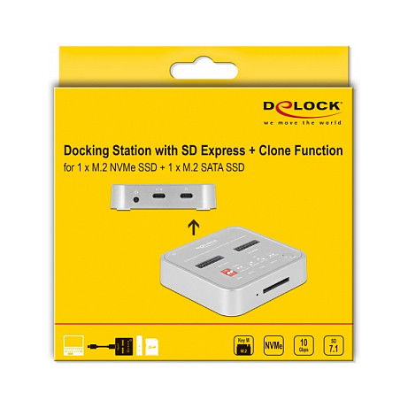 DeLOCK Docking Station SSD USB 3.2 para 2 M.2 NVMe SATA con Lector SD Express 7.1 y Función Clonación - Estación de Acoplamiento Plata