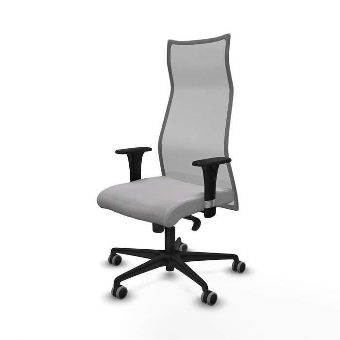 Sillón Albacete con mecanismo Sincro tapizada con Tela color Gris claro y malla color Gris. Equipado con Base nailon negra, Brazos 1D y Ruedas 65 mm parqué