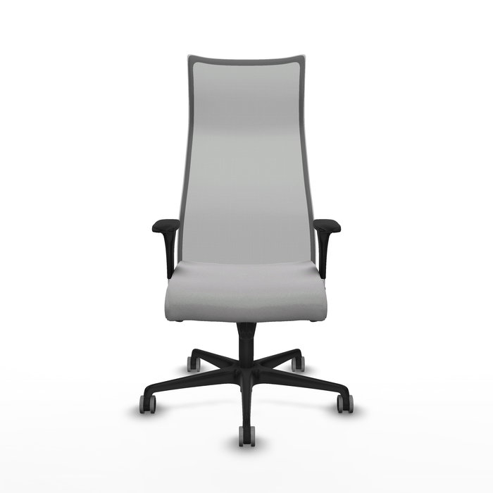 Sillón Albacete con mecanismo Sincro tapizada con Tela color Gris claro y malla color Gris. Equipado con Base nailon negra, Brazos 1D y Ruedas 65 mm parqué