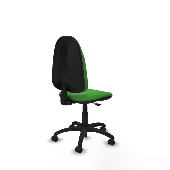 Silla de oficina Algarra con mecanismo Contacto permanente básico tapizada con Tela color Verde. Equipada con Base poliamida negra, Sin brazos y Ruedas de parqué