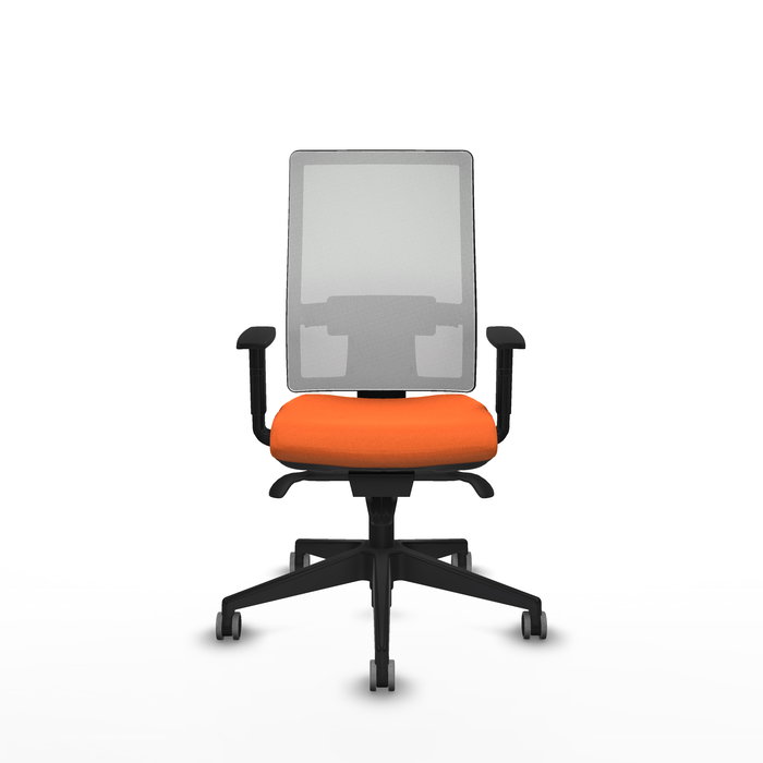 Silla de oficina Horna con mecanismo Sincro tapizada con Tela color Naranja y malla color Blanco. Equipada con lumbar 1D, Brazos 1D y Ruedas 65 mm parqué