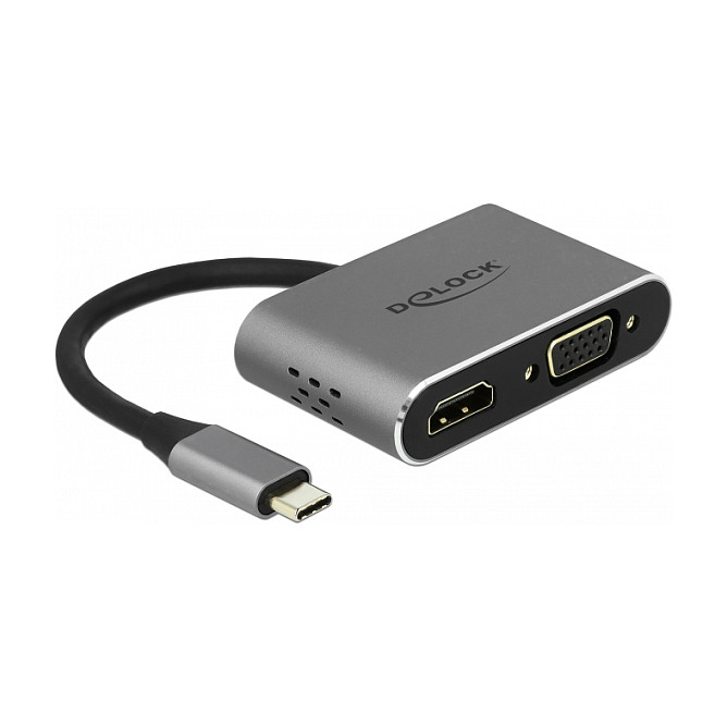 DeLOCK Adaptador USB-C a HDMI y VGA con Puerto USB 3.2 y PD de 87 W - 64074, Gris, Metal, Para Windows, Mac, Android