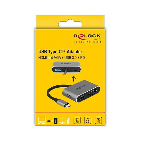 DeLOCK Adaptador USB-C a HDMI y VGA con Puerto USB 3.2 y PD de 87 W - 64074, Gris, Metal, Para Windows, Mac, Android